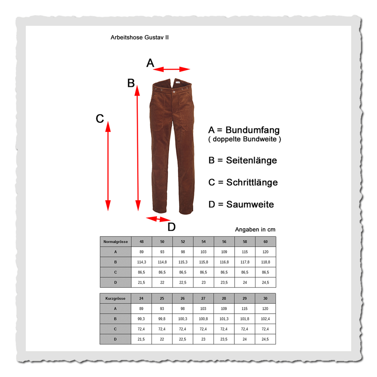 Masstabelle der Arbeiterhose Gustav II mit Normal- und Kurzgrößen